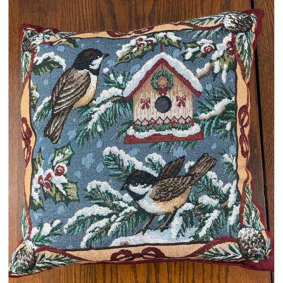 Tapestry Throw Accent Pillow 18”Christmas Chickadee  Mohawk Home Holly Snow Vtg - Picture 5 of 14